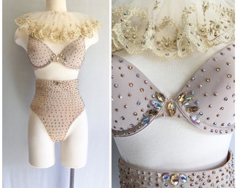 Beige Swarovski Champagne Rhinestone Crystal Costume Set w/ Ruff / Bra, High Waist Shaper Thong Panties & Neck Ruffle W/ Swarovski Crystals