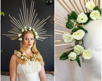 Gold Halo W/ White Flower Roses and Vines / Zip Tie Halo W/ Flowers & Gold Metallic Pipe Cleaners / Gold Deco Floral Halo / Spiked Sunburst