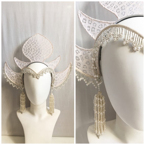 White Bohemian Headdress / Lace & Pearl Fringe Deco  display picture 1