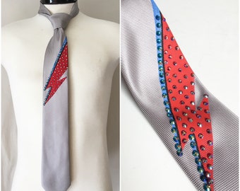 Hand Painted Tie / Ziggy Stardust / Bowie Tie / Hand Painted Lightning Bolt in Red & Turquoise Embellished W/ Swarovski Crystals