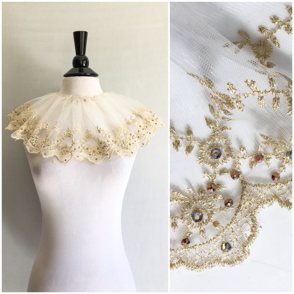 Lace Ruff / French Lace Ruffle Collar / White & Gold Lace Circus / Elizabethan Neck Ruffle / Embroidery on Tule W/ Gold Rhinestone Crystals