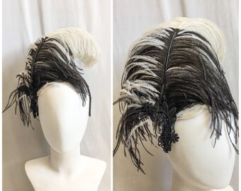 Black & White Feather Headband / Burlesque Half Black Half White Ombre Bent Curled 20&quot; Ostrich Plume Feather Head Piece W/ Lace Trim