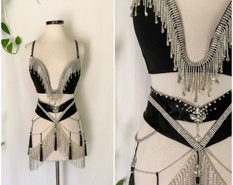 Art Deco Shimmy Bra & Belt / Couture Avant Garde Burlesque Costume / Black Rhinestone Swarovski Crystal Embellished by Hand