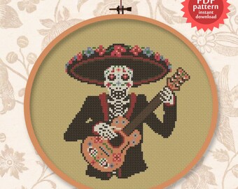 El Mariachi de los Muertos - Mexico / Day of the dead inspired guitar cross stitch pattern