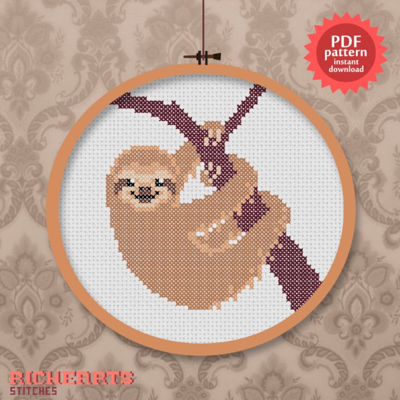 Happy sloth PDF cross stitch pattern a smiling and cute animal pattern image 1