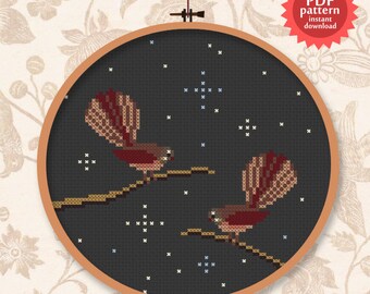 Fantails / Piwakawaka birds at night - PDF cross stitch pattern