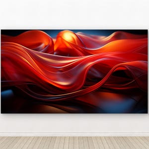 Puede incluir: Una pieza de arte mural rectangular que presenta ondas abstractas y fluidas en tonos rojo vibrante y naranja intenso. La composición muestra curvas suaves y brillantes con reflejos luminosos y sombras oscuras, creando profundidad.