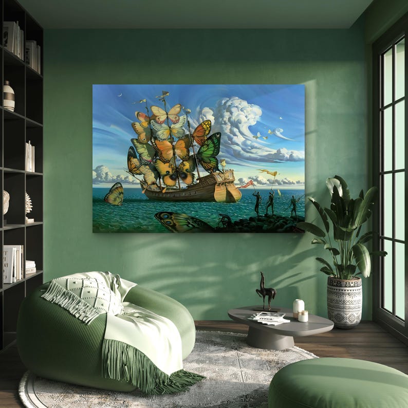 Surrealist Butterfly Ship Glass Wall Art, Dali Style Ocean Sailboat ...