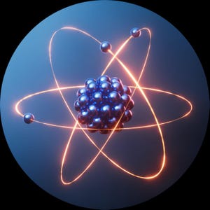 May include: A 3D rendering of an atom, featuring a central nucleus composed of numerous blue spheres. Orbiting the nucleus are smaller spheres, connected by glowing orange orbital paths, set against a dark blue background.