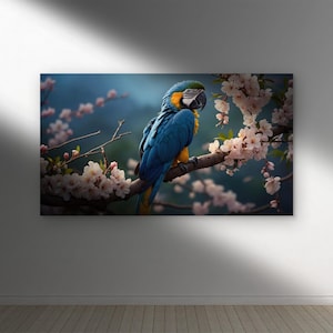 Bellezza tropicale: pappagallo ara e fiori primaverili, arte murale in vetro temperato, casa ispirata alla natura