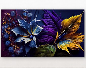 Abstract Floral Tempered Glass Wall Art: Blue, Purple, Gold,Large size