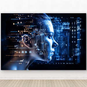 AI Artificial Intelligence Tempered Glass Wall Art, Futuristic Cyber Woman Glass Decor, Large Cyberpunk