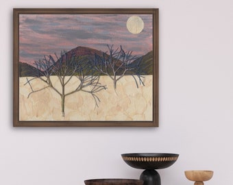 Pressed Flower Art Digital Download, Cold Moon, Original Made with Real Flowers, Full Moon in a Wintery Mountain Scene, Lone Tree
