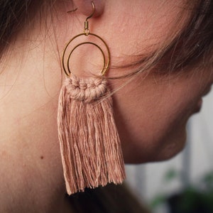 Macrame Long Tassel Earrings, Many Color Options, Gold Hoop, Free Pressed Flower Gift Box and Free Gift, Elegant Long Woven Cotton and Gold