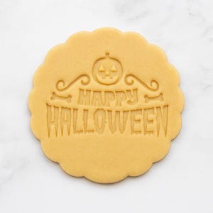 Happy Halloween Cookie Embosser Stamp with Pumpkin and Bones Design | Spooky Fondant Mold | Trick or Treat Biscuit Decoration Tool