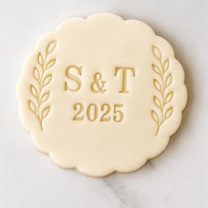 Personalized Wedding Date Cookie Cutter Custom Initials Embossed Fondant Stamp with Botanical Design for Engagement Party Favors
