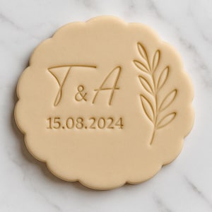 Custom Wedding Cookie Embosser Stamp: Initials & Date, Elegant Leaf Design