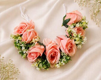 Peach Rose Bridal Hair Gajra For Women  Floral Bun Accessories Veni Bridal Juda