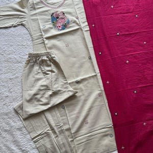 3Pcs Pure Khadi Cotton Kurta Kurti Pant Dupatta Set Indian Salwar Kameez Ethnic image 3