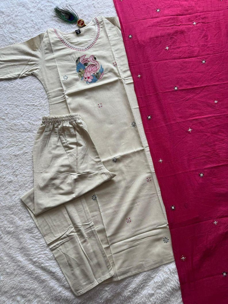 3Pcs Pure Khadi Cotton Kurta Kurti Pant Dupatta Set Indian Salwar Kameez Ethnic image 3