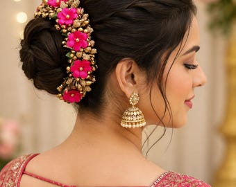 2 Pcs Pink & Golden Floral Hair Accessories For Women Gajra Hair Bun Veni Wedding