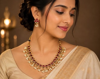 1 Gramm Goldhalskette für Damen, südindischer Hochzeitsschmuck, ethnischer Choker-Stil