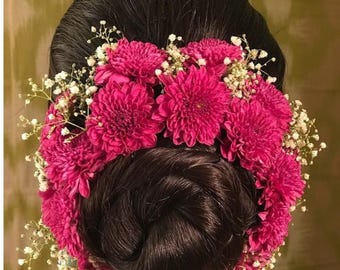 Floral Hair Gajra For Women Indian Bridal Bun, Pink & White Veni Hair Accessories