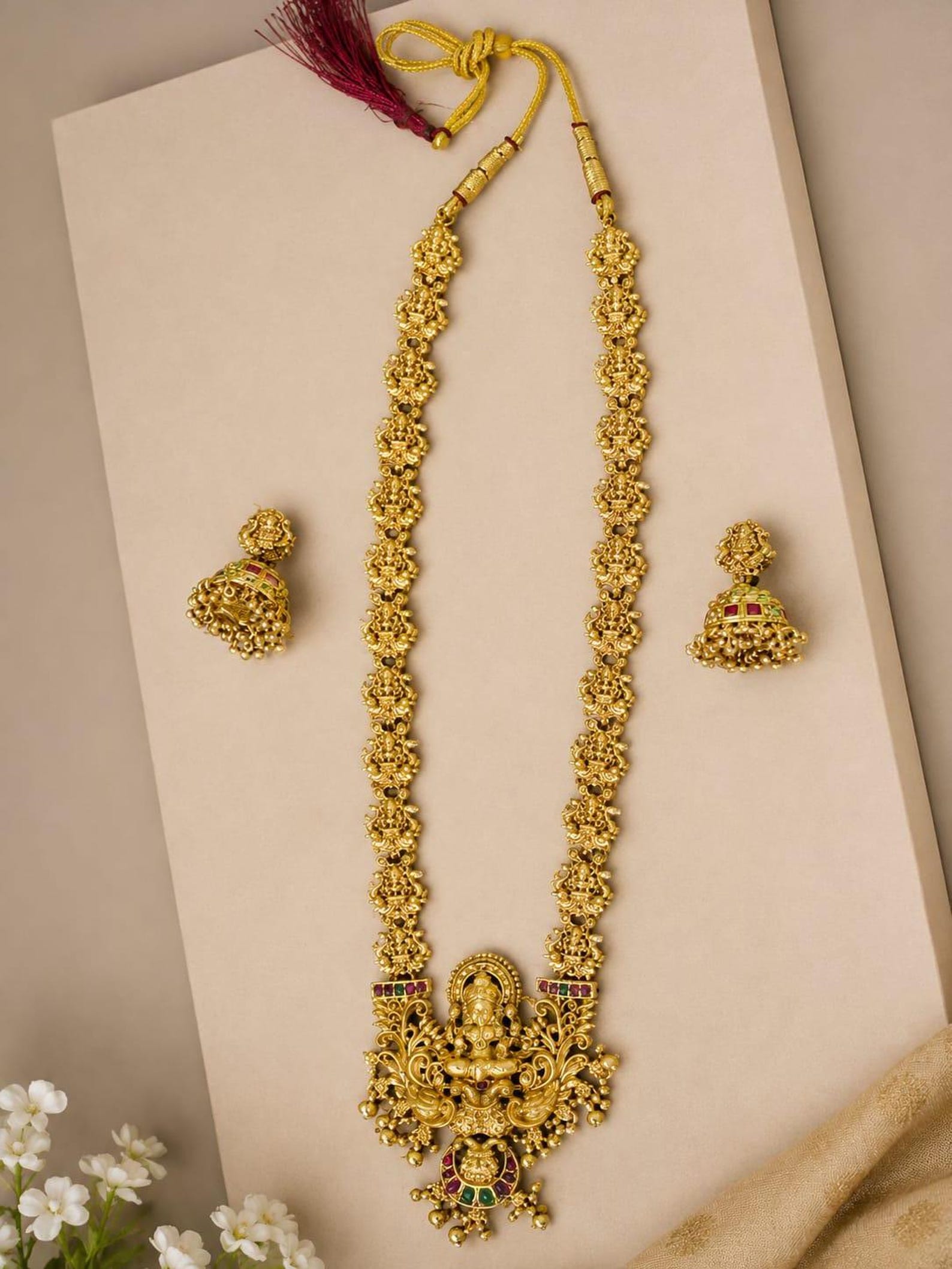 Gold Plated South Indian Jewelry Set, Lakshmi Necklace Earrings, Onam Gift