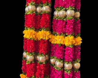 Guirlande de mariage indienne : fleurs artificielles rouges, roses et jaunes Haar