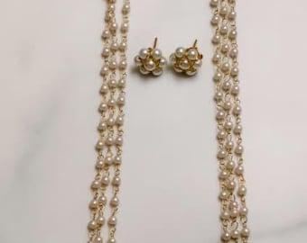 Long Pearl Necklace Set For Women Gold-Plated Indian Pearl Jewelry Ethic Wedding