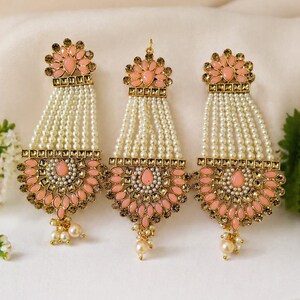 Pearl 3 Pcs Earrings With Tikka Set For Women Gold plated Ethnic Wedding Jewelry