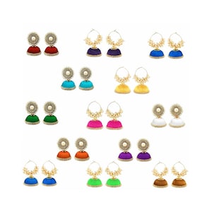 May include: A collection of fourteen pairs of jhumka earrings in various solid colors including red, purple, blue, turquoise, yellow, green, pink, white, orange, and brown. Each earring features a circular top with pearl accents and a bell-shaped base.
