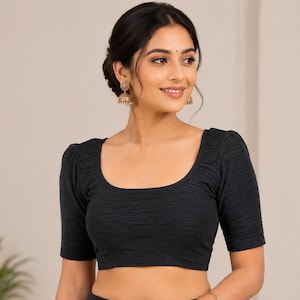 Sträckbar svart blus för kvinnor Crop Top Saree Choli Readymade Bomull