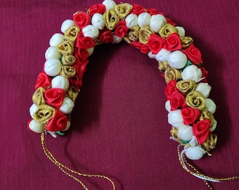 Gajra floral rojo y blanco para el cabello de mujer, accesorio para moño nupcial indio, boda