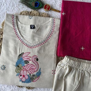 3Pcs Pure Khadi Cotton Kurta Kurti Pant Dupatta Set Indian Salwar Kameez Ethnic image 4
