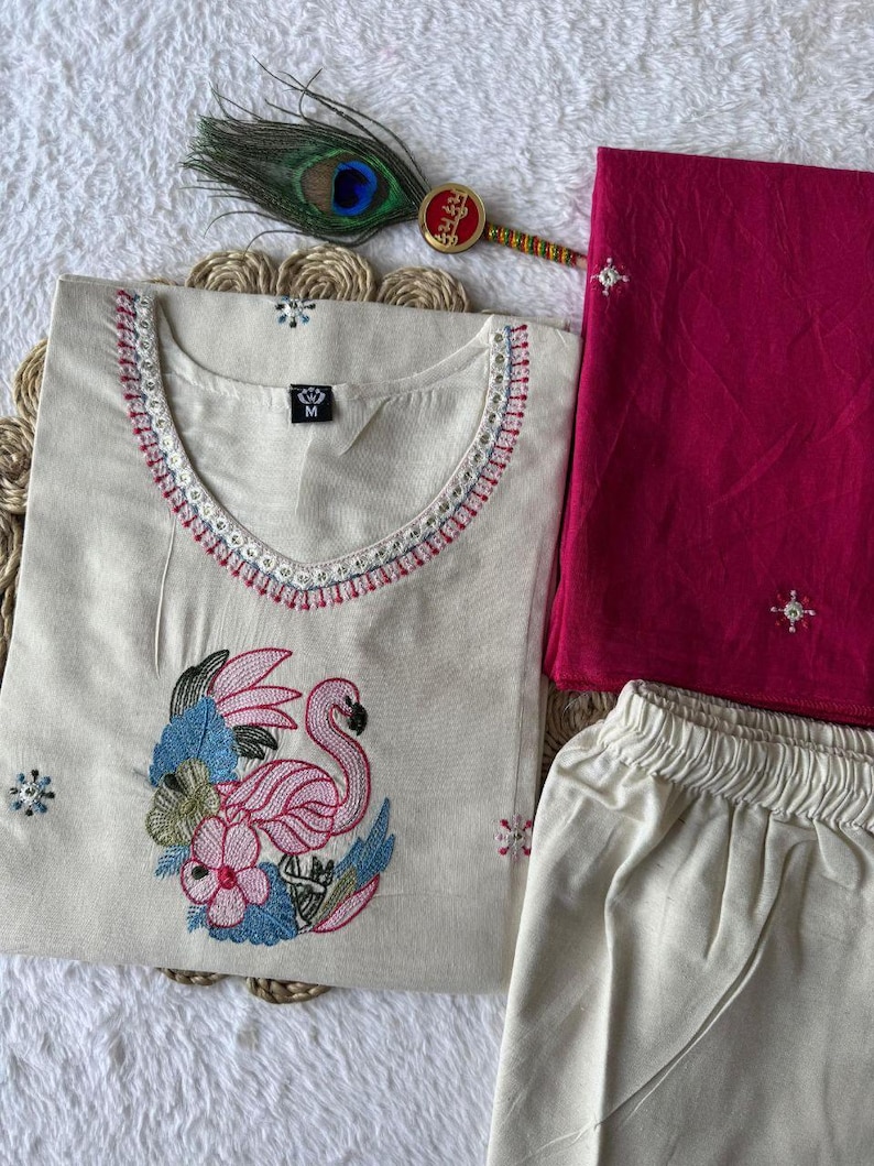 3Pcs Pure Khadi Cotton Kurta Kurti Pant Dupatta Set Indian Salwar Kameez Ethnic image 4
