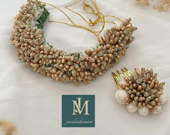 2 accesorios para el cabello con flores doradas para mujer, moño nupcial indio, boda, Veni Gajra