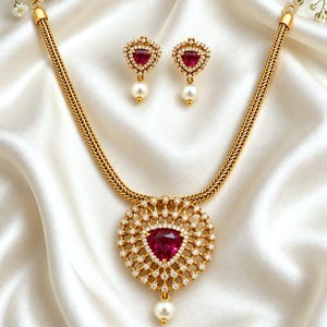 Gold Plated Pendent Necklace Set For Women Ruby Emerald CZ  Wedding Jewelry Gift