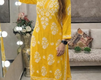 Elegant Yellow Floral Chikankari Kurta Set with Palazzo For Women Pure Cotton 2 Pcs
