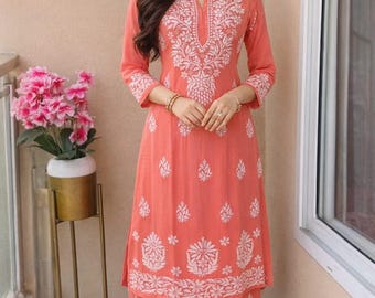 Peach Pink Floral Chikankari Kurta Set with Palazzo For Women Pure Cotton 2 Pcs