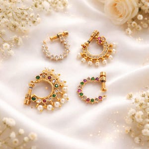 Juego de 4 anillos de nariz sin perforación para novias: joyería india chapada en oro con circonita cúbica para mujer.