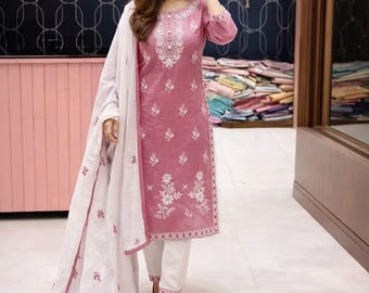 3 Pcs Pure Cotton Pink Floral Chikankari Kurta Pant With Dupatta Set Plus Size