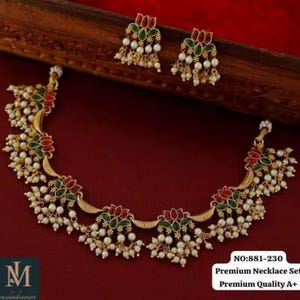 Ensemble de collier ras de cou avec perles Lotus Kemp, bijoux indiens plaqué or