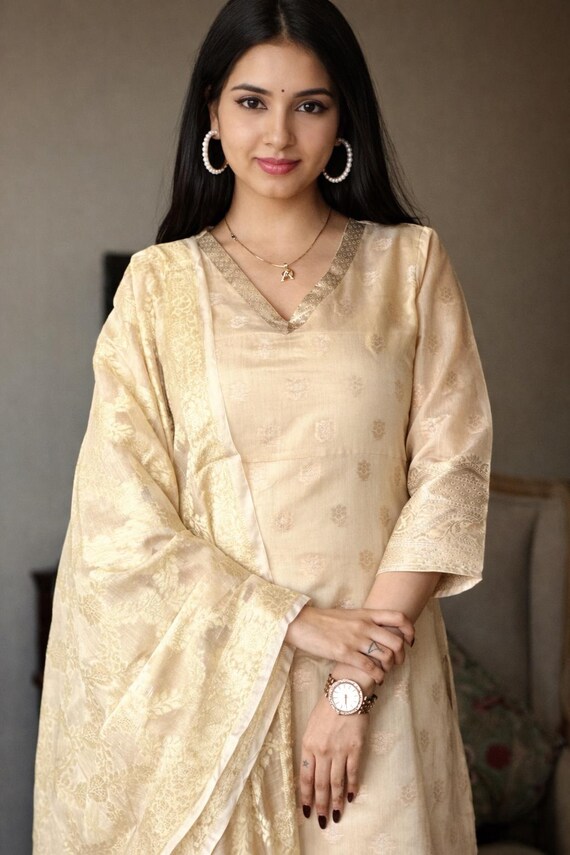 3Pcs Pure Ivory Banarasi Silk Kurta Kurti Pant Dupatta Set Indian Salwar Kameez Ethnic