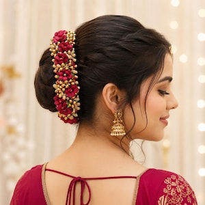 May include: A hair accessory featuring deep magenta fabric flowers interspersed with small gold-toned beads, styled in a vertical arrangement on a dark-haired bun. The piece is paired with a gold-toned jhumka earring with small white pearl accents.