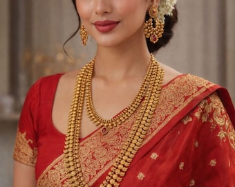 1 Gram Gold South Indian Necklace Set For Women Long Temple Jewelry Ethic Wedding