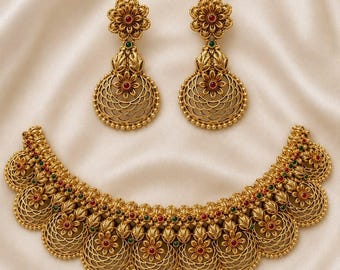 Ensemble de collier en or 1 gramme du sud de l'Inde pour femme, bijoux ethniques de mariage