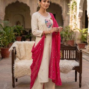 3Pcs Pure Khadi Cotton Kurta Kurti Pant Dupatta Set Indian Salwar Kameez Ethnic image 5