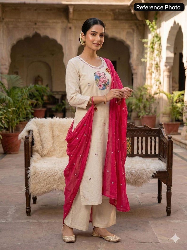 3Pcs Pure Khadi Cotton Kurta Kurti Pant Dupatta Set Indian Salwar Kameez Ethnic image 5