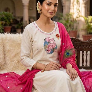 3Pcs Pure Khadi Cotton Kurta Kurti Pant Dupatta Set Indian Salwar Kameez Ethnic image 2